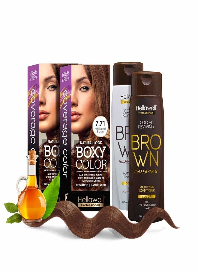 HELLAWELL PROFESSIONALS Professional Coloring kit - Permanent color cream hair dye. Gray Coverage. 7.71 Ash Brown Blonde + Brown Color Shampoo and Conditioner Kit for Revives the Color. - Image 1